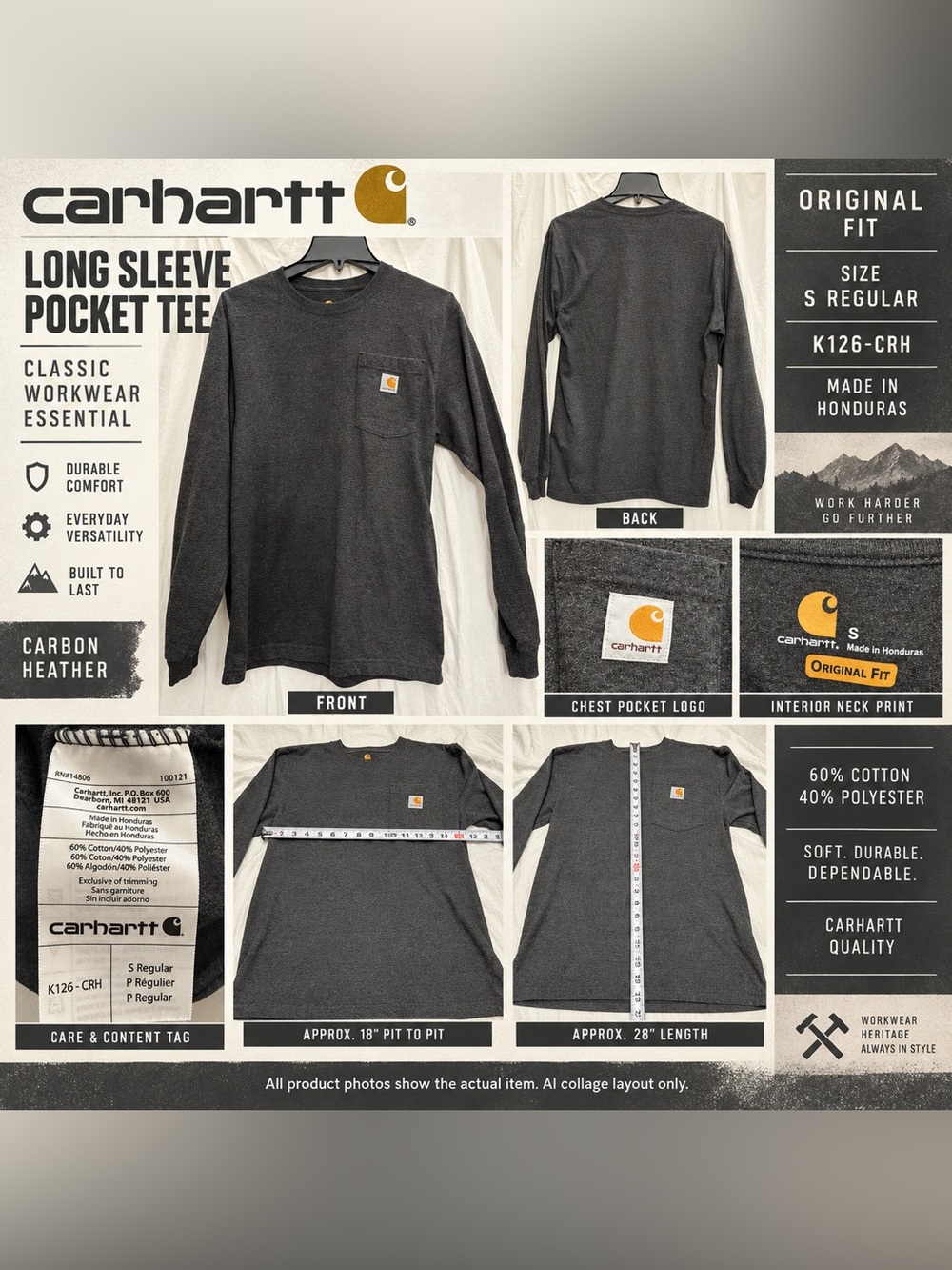 NWOT Carhartt K126 Original Fit Long Sleeve Pocket Tee S Carbon Heather Workwear
